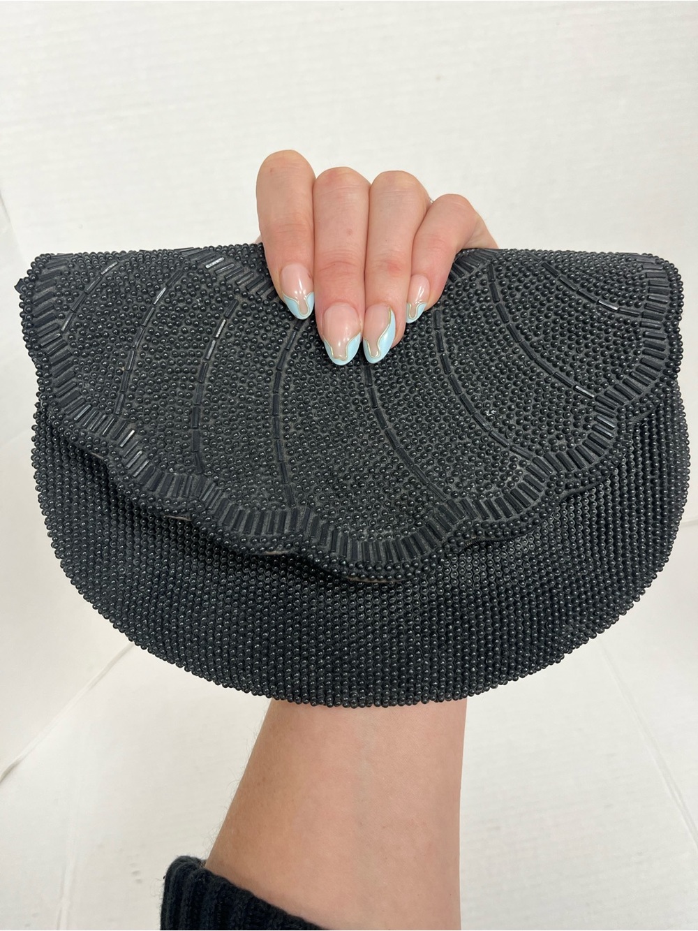 Lovely Vintage Black Hand Beaded Clutch with a Scalloped Flap